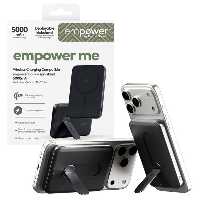 PowerBank sans fil 5000 mAh avec support rotatif, 20 W, compatible avec MagSafe, Qi2/USB-C, Space Black, empower