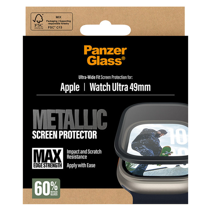 Verre trempé UWF METALLIC pour Apple Watch Ultra 49 mm, Noir, PanzerGlass