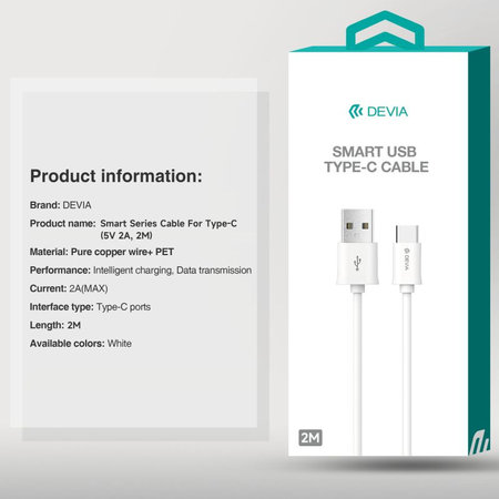 Câble USB / USB-C Smart, 2.1A, 2m, blanc, Devia