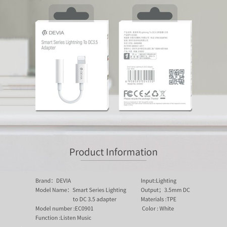 Adaptateur Smart Jack 3,5mm / Lightning, blanc, Devia