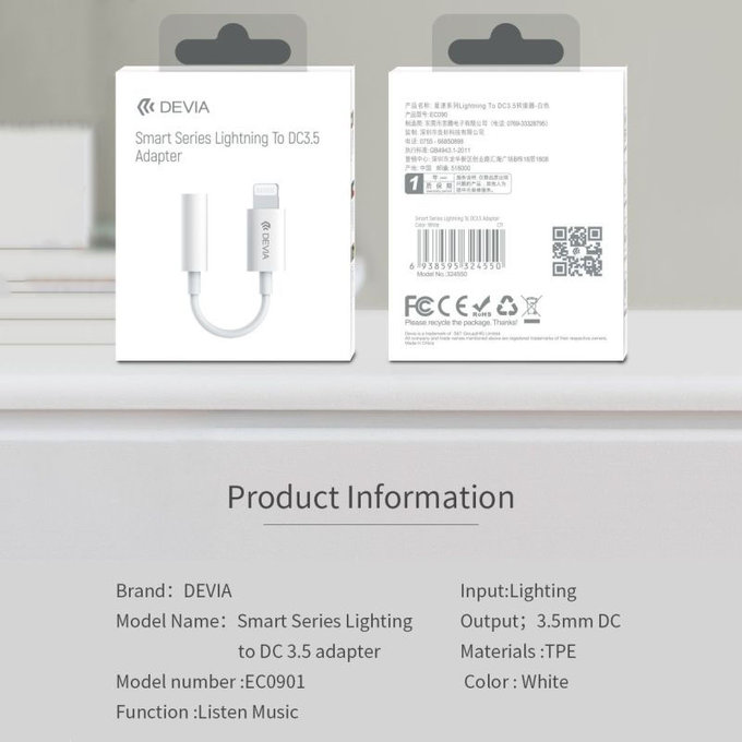 Adaptateur Smart Jack 3,5mm / Lightning, blanc, Devia