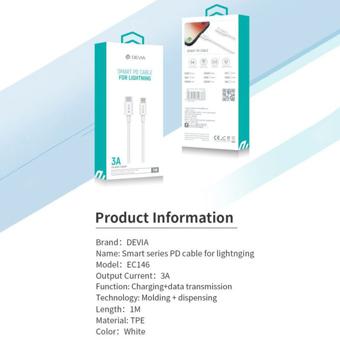 Câble Lightning / USB-C Smart, PD 20W, 1m, blanc, Devia