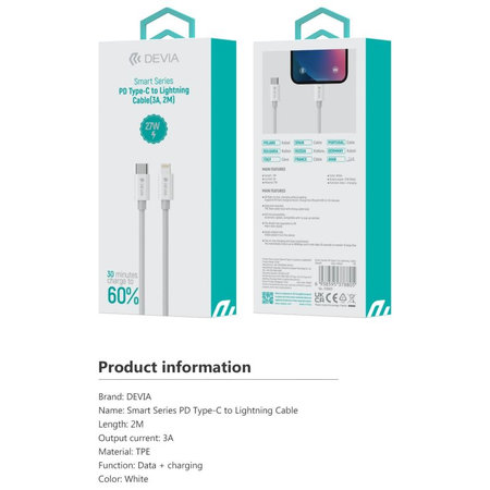 Câble Lightning / USB-C Smart, PD 27W, 2m, blanc, Devia