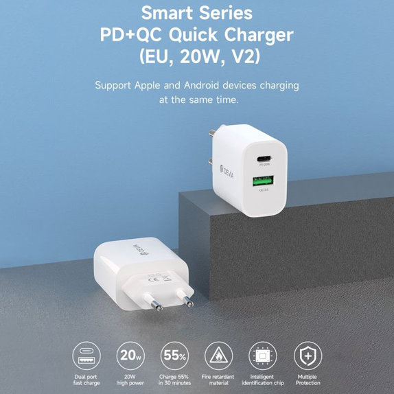 Adaptateur de charge Smart USB-C + USB-A, PD 20W, blanc, Devia