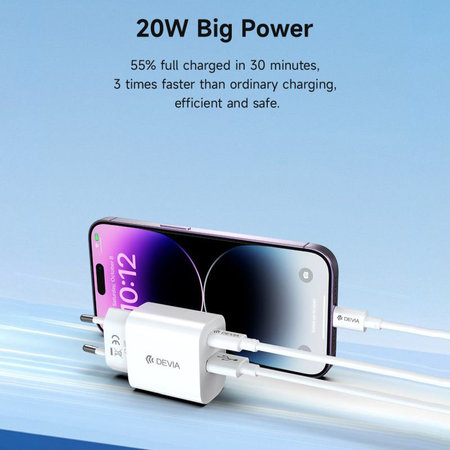 Adaptateur de charge Smart USB-C + USB-A, PD 20W, blanc, Devia