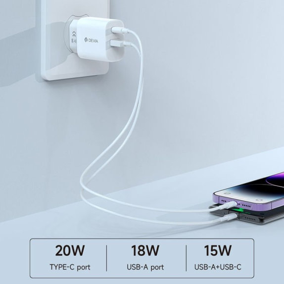 Adaptateur de charge Smart USB-C + USB-A, PD 20W, blanc, Devia