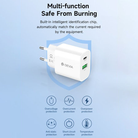 Adaptateur de charge Smart USB-C + USB-A, PD 20W, blanc, Devia