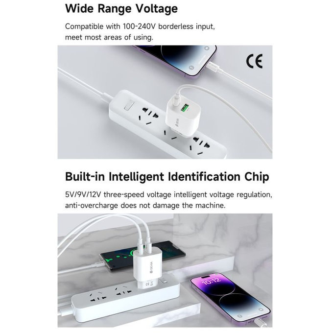 Adaptateur de charge Smart USB-C + USB-A, PD 20W, blanc, Devia