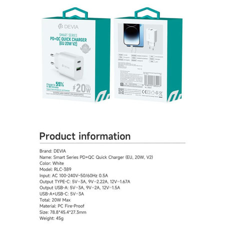 Adaptateur de charge Smart USB-C + USB-A, PD 20W, blanc, Devia