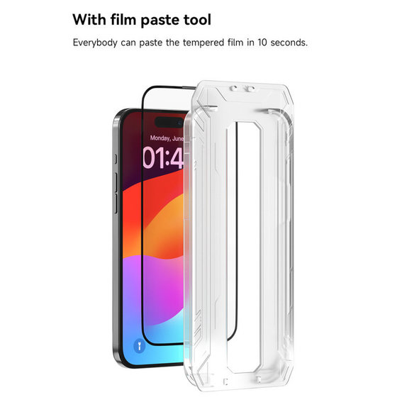 Verre trempé FullCover avec applicateur pour iPhone 15 Pro, Devia
