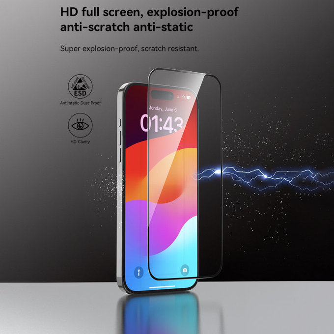 Verre trempé FullCover avec applicateur pour iPhone 15 Pro Max, Devia