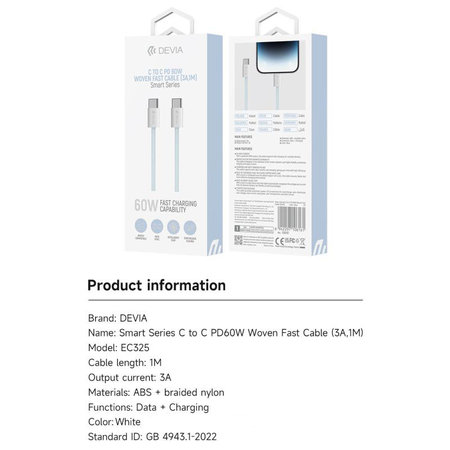 Câble USB-C / USB-C Smart, PD 60W, 1m, blanc, Devia