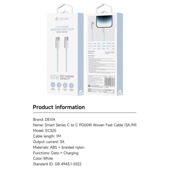Câble USB-C / USB-C Smart, PD 60W, 1m, blanc, Devia