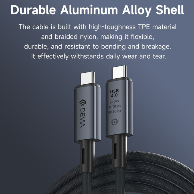 Câble USB-C / USB-C Extreme Speed, 240W, 8K 60Hz, 1m, noir, Devia