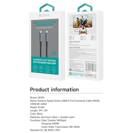Câble USB-C / USB-C Extreme Speed, 240W, 8K 60Hz, 1m, noir, Devia