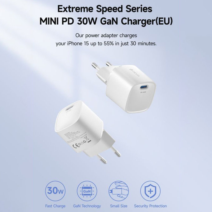 Adaptateur de charge Mini USB-C, PD 30W, blanc, Devia