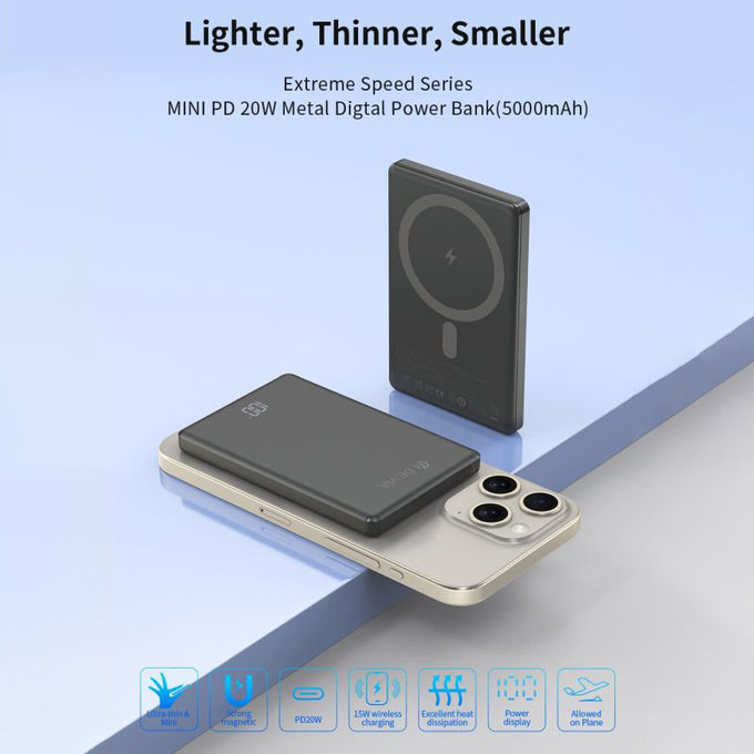 PowerBank MagSafe Extreme Speed Mini avec écran, PD 20W, 5000mAh, Space Grey, Devia