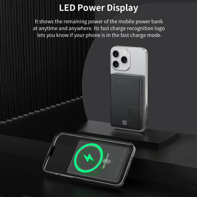 PowerBank MagSafe Extreme Speed Mini avec écran, PD 20W, 5000mAh, Space Grey, Devia