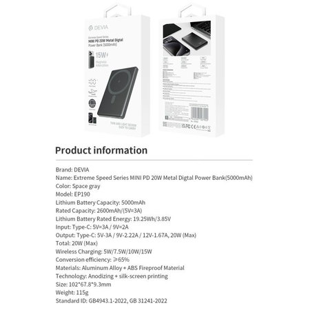 PowerBank MagSafe Extreme Speed Mini avec écran, PD 20W, 5000mAh, Space Grey, Devia