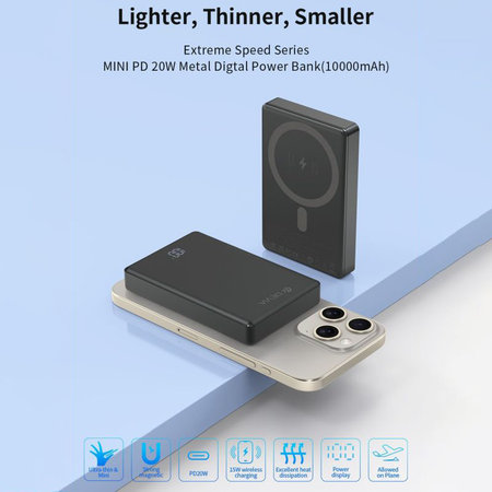 PowerBank MagSafe Extreme Speed Mini avec écran, PD 20W, 10000mAh, Space Grey, Devia