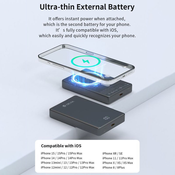 PowerBank MagSafe Extreme Speed Mini avec écran, PD 20W, 10000mAh, Space Grey, Devia