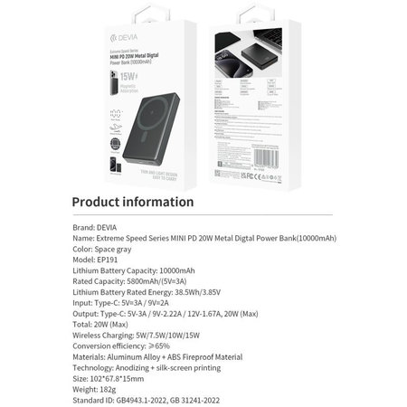 PowerBank MagSafe Extreme Speed Mini avec écran, PD 20W, 10000mAh, Space Grey, Devia