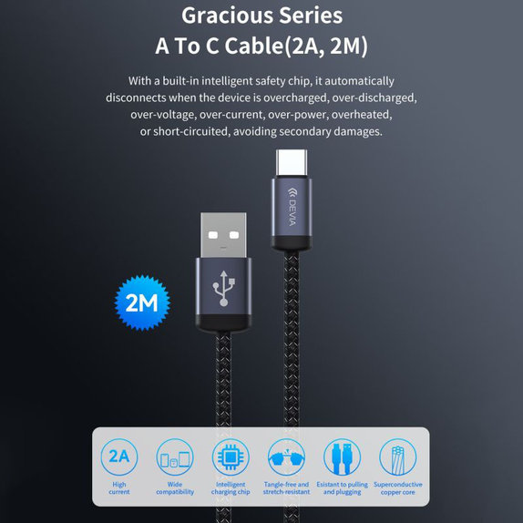 Câble USB / USB-C Gracious, 2.1A, 2m, noir, Devia