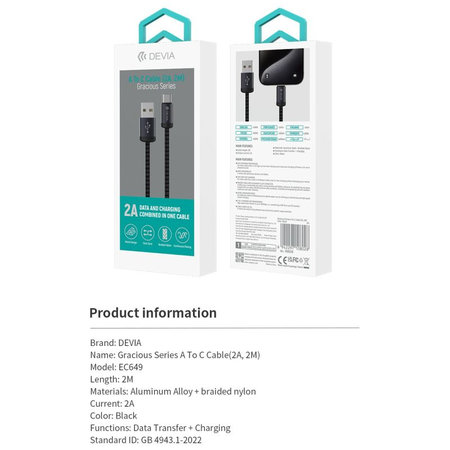 Câble USB / USB-C Gracious, 2.1A, 2m, noir, Devia