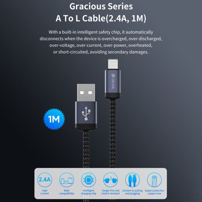 Câble Lightning / USB Gracious, 2,4A, 1m, noir, Devia