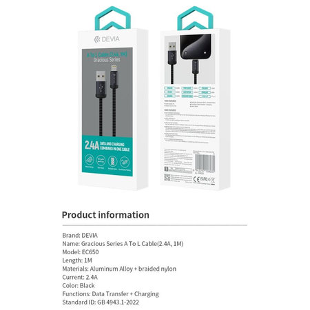 Câble Lightning / USB Gracious, 2,4A, 1m, noir, Devia