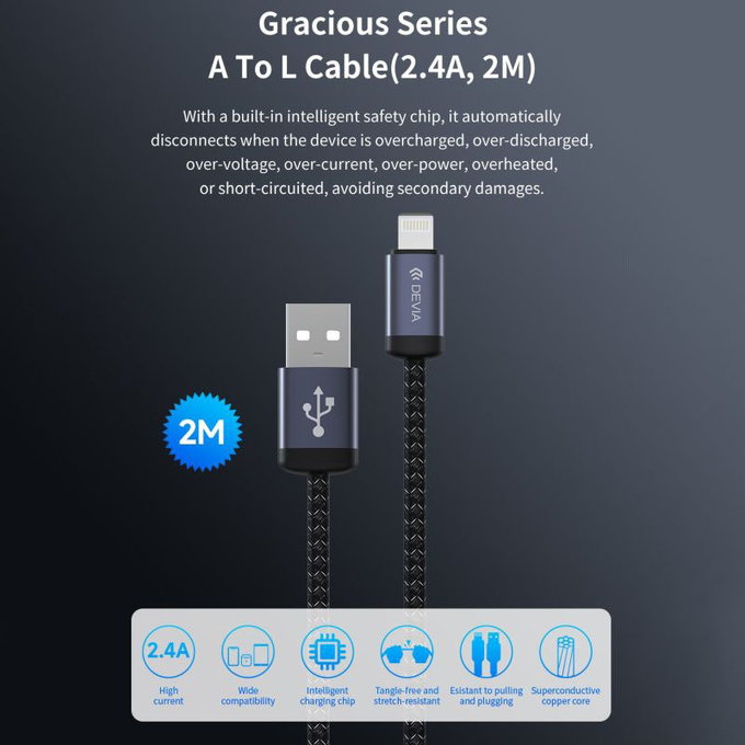 Câble Lightning / USB Gracious, 2,4A, 2m, noir, Devia