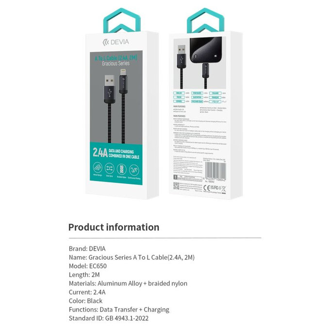Câble Lightning / USB Gracious, 2,4A, 2m, noir, Devia