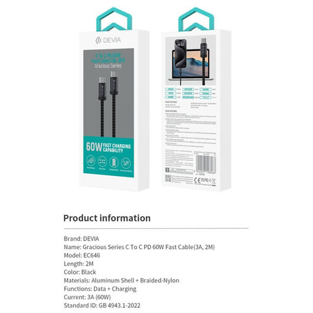 Câble USB-C / USB-C Gracious, PD 60W, 2m, noir, Devia