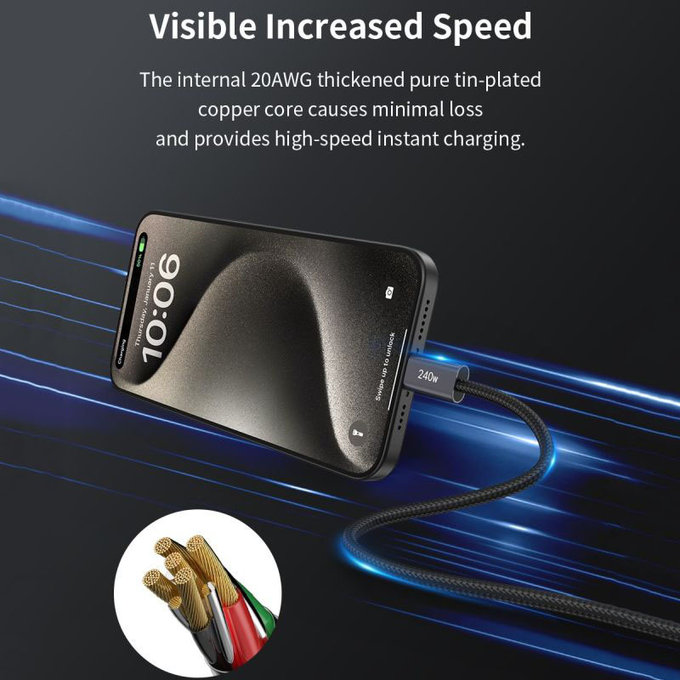 Câble USB-C / USB-C Extreme Speed, PD 240W, 2m, noir, Devia