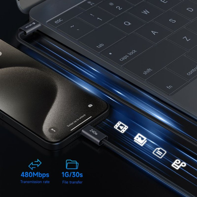 Câble USB-C / USB-C Extreme Speed, PD 240W, 2m, noir, Devia