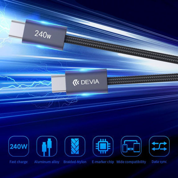Câble USB-C / USB-C Extreme Speed, PD 240W, 2m, noir, Devia