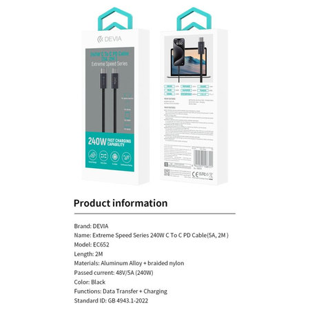 Câble USB-C / USB-C Extreme Speed, PD 240W, 2m, noir, Devia