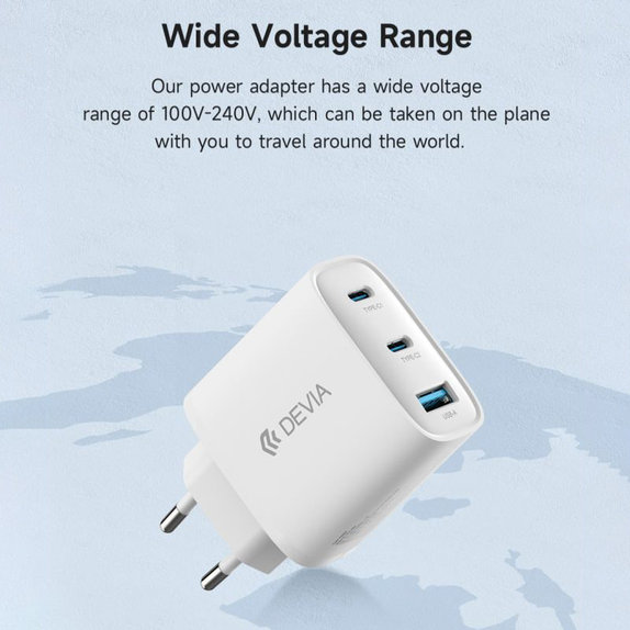 Adaptateur de charge Extreme Speed, 2x USB-C + USB-A, PD 65W, blanc, Devia