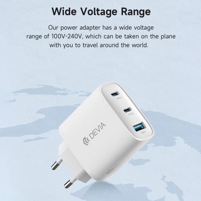 Adaptateur de charge Extreme Speed, 2x USB-C + USB-A, PD 65W, blanc, Devia