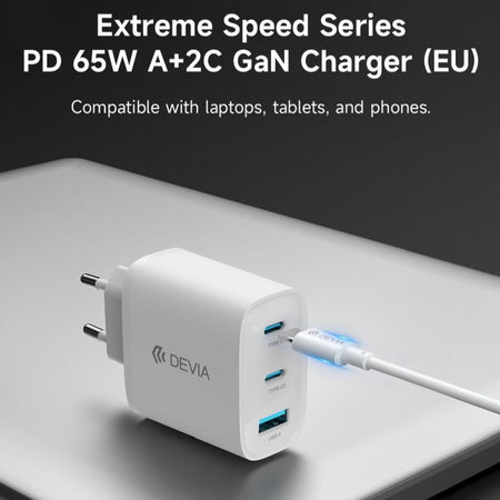 Adaptateur de charge Extreme Speed, 2x USB-C + USB-A, PD 65W, blanc, Devia