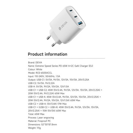 Adaptateur de charge Extreme Speed, 2x USB-C + USB-A, PD 65W, blanc, Devia