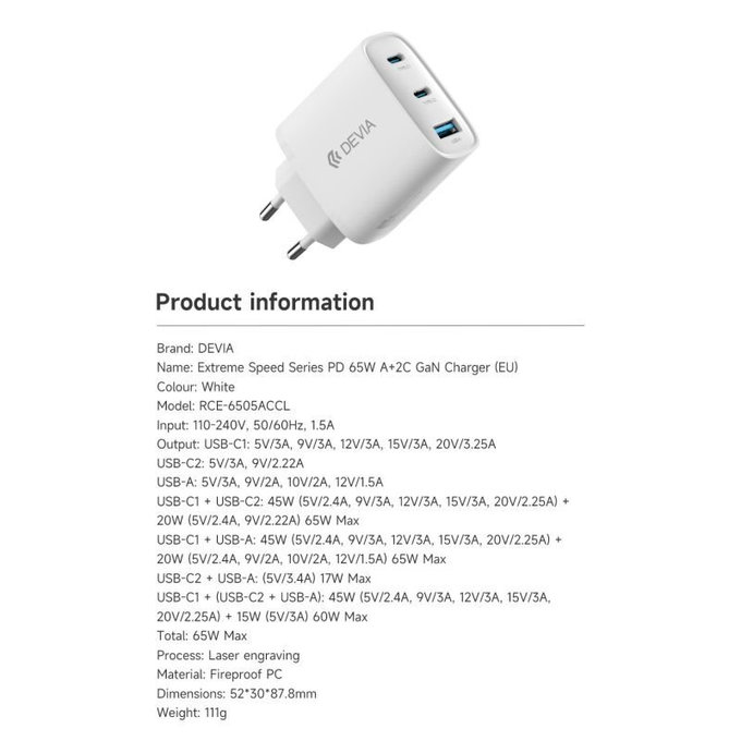Adaptateur de charge Extreme Speed, 2x USB-C + USB-A, PD 65W, blanc, Devia