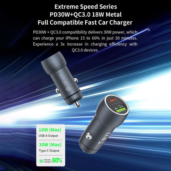 Chargeur voiture Extreme Speed USB-C + USB-A, PD 30W, QC 3.0 18W, gris, Devia