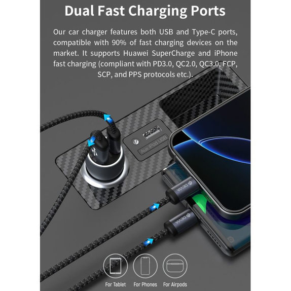 Chargeur voiture Extreme Speed USB-C + USB-A, PD 30W, QC 3.0 18W, gris, Devia