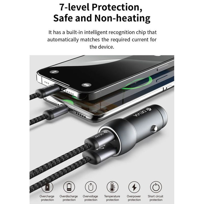 Chargeur voiture Extreme Speed USB-C + USB-A, PD 30W, QC 3.0 18W, gris, Devia