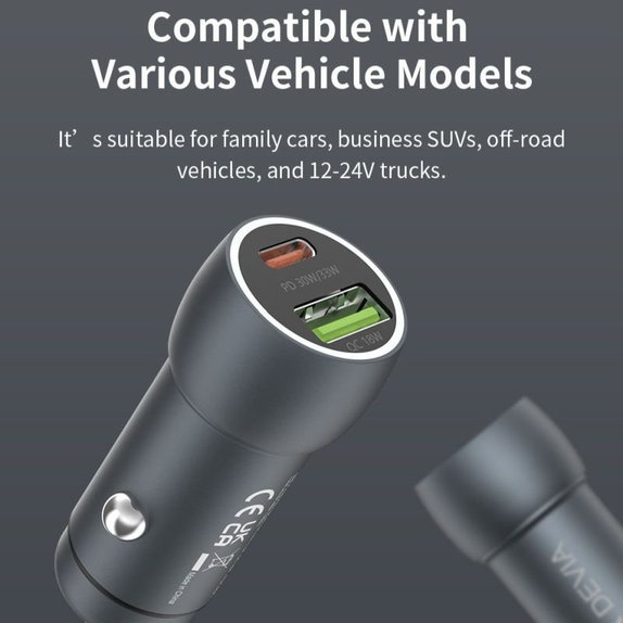 Chargeur voiture Extreme Speed USB-C + USB-A, PD 30W, QC 3.0 18W, gris, Devia