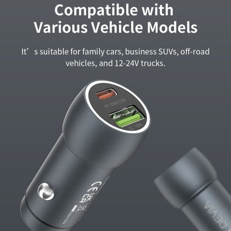 Chargeur voiture Extreme Speed USB-C + USB-A, PD 30W, QC 3.0 18W, gris, Devia