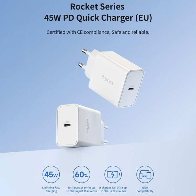 Adaptateur de charge Rocket USB-C, PD 45W, blanc, Devia