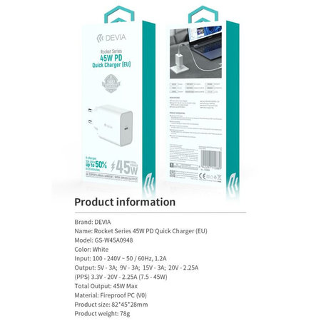 Adaptateur de charge Rocket USB-C, PD 45W, blanc, Devia