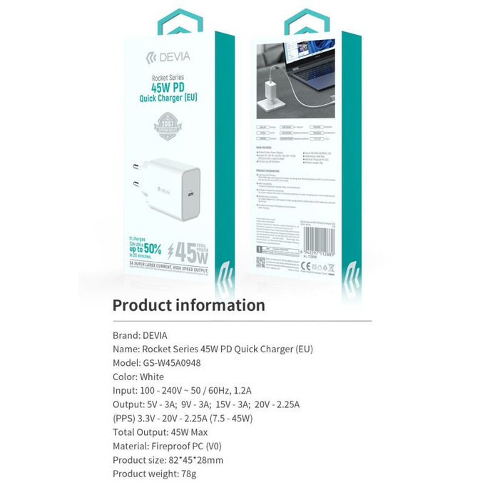 Adaptateur de charge Rocket USB-C, PD 45W, blanc, Devia